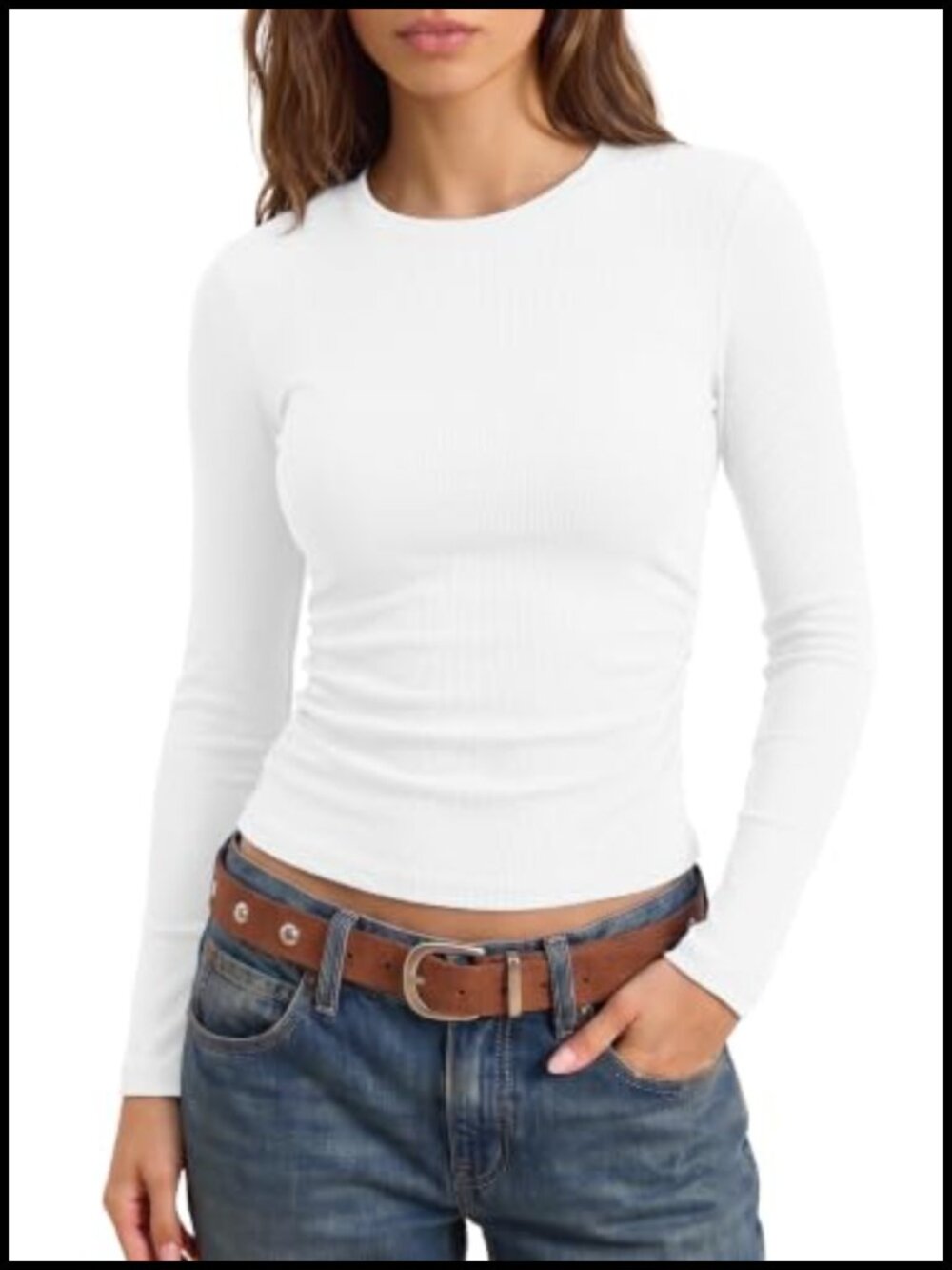 Women's Long Sleeve Ruched Ribbed Fitted Crewneck Top Slim Fit Pullover